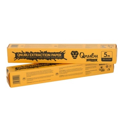 Embalagem amarela de papel para extração Qnubu com texto preto e logotipo de leão