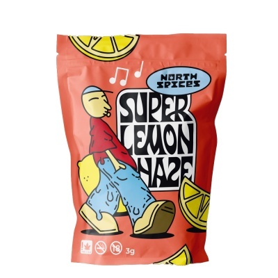 Embalagem vermelha com desenho de limões e personagem a andar, texto NORTH SPICES SUPER LEMON HAZE