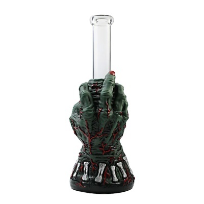 Bong com base de mão verde decorativa com veias vermelhas e ossos, tubo de vidro transparente