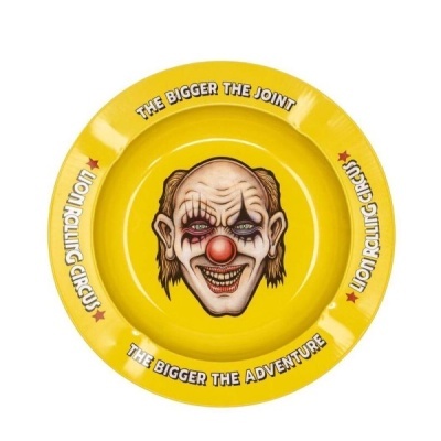 Cinzeiro amarelo com palhaço e texto em branco LION ROLLING CIRCUS