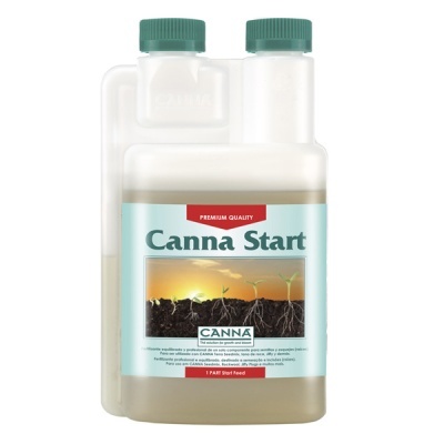 Frasco de fertilizante Canna Start com tampa verde e etiqueta azul e branca