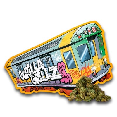 Embalagem colorida estilo comboio com graffiti e flores de cânhamo