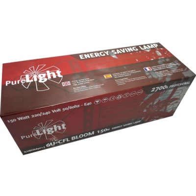 Caixa vermelha de lâmpada economizadora Pure Light 150 Watt com especificações de voltagem e frequência
