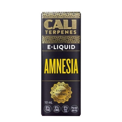 Embalagem preta de e-líquido Cali Terpenes Amnesia com texto em amarelo e dourado.
