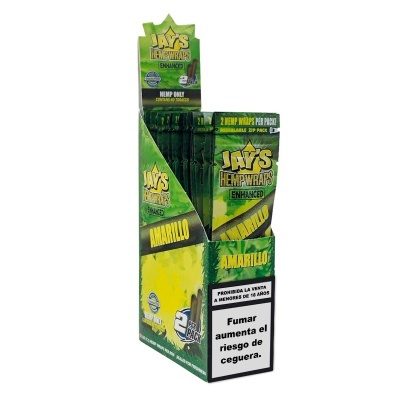 Expositor verde de Jays Hemp Wraps Enhanced Amarillo com pacotes e aviso de saúde em espanhol