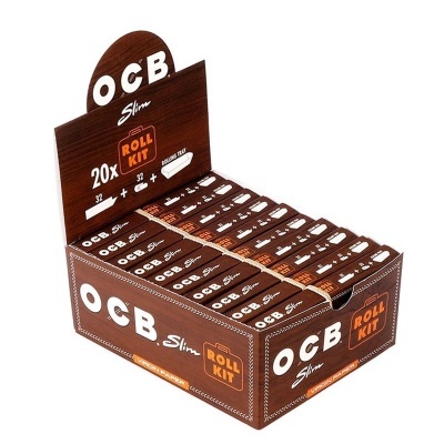 Pacote de 20 kits OCB Slim Roll Kit em embalagem castanha com texto branco e laranja