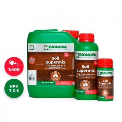 Recipientes de fertilizante Bionova Soil Supermix em verde com tampas vermelhas