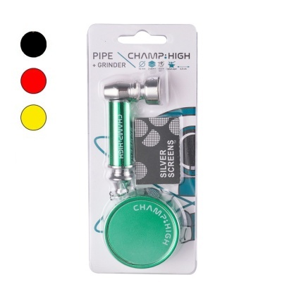 Embalagem com cachimbo metálico verde, triturador e caixa de filtros Silver Screens