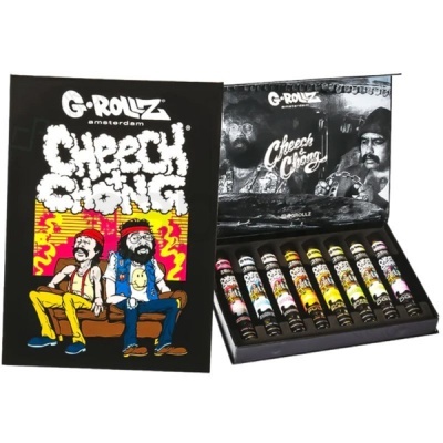 Conjunto de tubos G-Rollz Cheech Chong com ilustração colorida e caixa preta aberta
