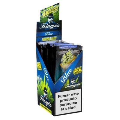 Embalagem azul Kingpin Blue de wraps de cânhamo, com aviso de saúde e design com homem de chapéu