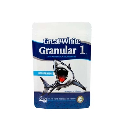 Saco de produto Great White Granular 1 com desenho de tubarão