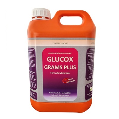 Recipiente plástico laranja com rótulo roxo e cinza do produto Glucox Grams Plus