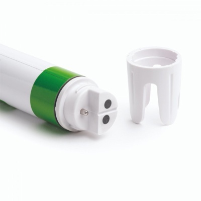 Lâmpada tubular T8 branca com detalhe verde e conector de dois pinos