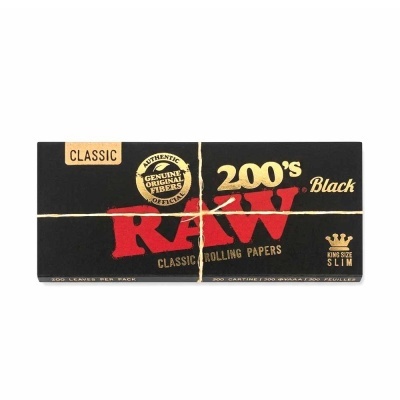 Caixa preta de papel de fumar RAW Classic 200s Black com texto e cordão a envolver