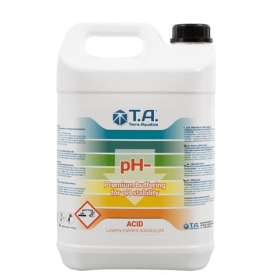 Recipiente plástico branco com rótulo colorido e texto técnico para controle de pH