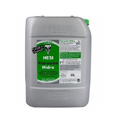 Recipiente de 20 litros de HESI Floración Hidro com etiqueta verde e branca