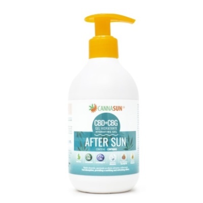 Frasco de gel hidratante After Sun com tampa amarela e rótulo branco e azul