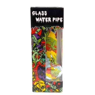Embalagem preta com design colorido e estampas que contém cachimbo de água de vidro