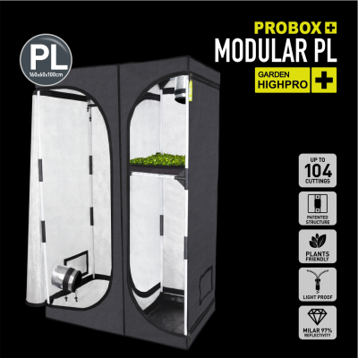 Estufa de cultivo modular preta com interior prateado e texto informativo