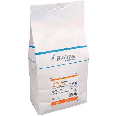Embalagem branca do produto Bioline AgroSciences Montyline com etiqueta laranja e detalhes azuis