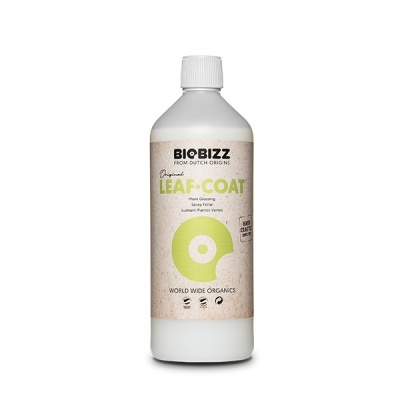Frasco branco de spray foliar Biobizz LEAF COAT com rótulo bege e verde