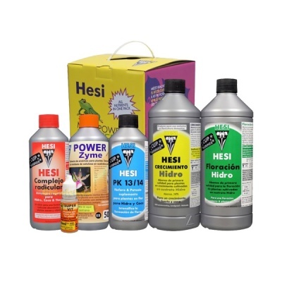 Conjunto de produtos Hesi para cultivo de plantas com garrafas coloridas e embalagem amarela rosa