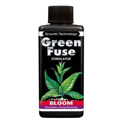 Frasco de estimulador Green Fuse Bloom com rótulo preto e planta verde