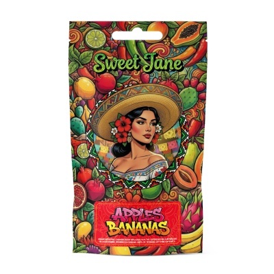 Embalagem colorida com ilustração de mulher e frutas, texto Sweet Jane e APPLES BANANAS