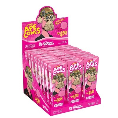 Expositor com caixas cor-de-rosa de APE CONES sabor bubble gum com ilustração de macaco