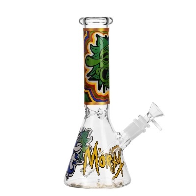 Pipe de vidro transparente com desenhos coloridos e texto MORFY