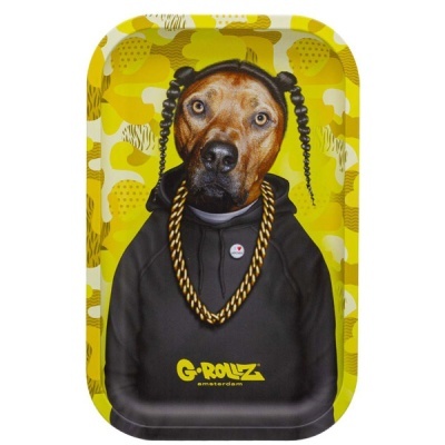 Tabuleiro metálico com imagem de cão vestido casual sobre fundo amarelo