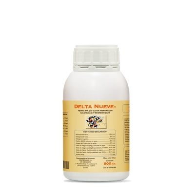 Frasco branco com tampa contendo fertilizante DELTA NUEVE R com etiqueta amarela