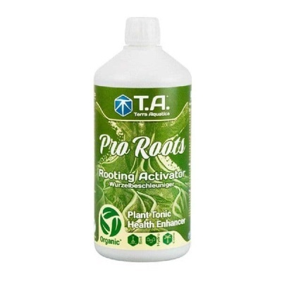 Frasco de produto para plantas Pro Roots com rótulo verde e texto branco