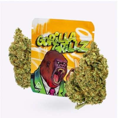 Pacote amarelo com desenho de gorila e texto Gorilla Grillz com flores de cannabis