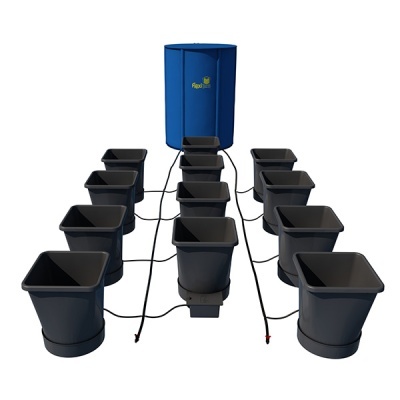 Sistema de cultivo hidropónico com 12 vasos pretos e reservatório azul FLEXI GARDEN