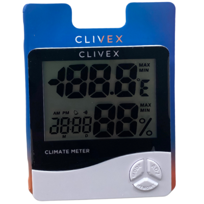 Medidor de clima digital CLIVEX com ecrã e botões em embalagem azul e branca