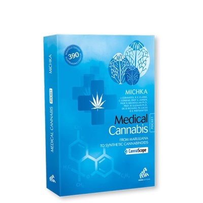 Livro azul sobre cannabis médica com textos e ilustrações químicas
