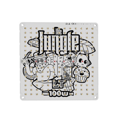 Painel LED branco com ilustração preta e texto the jungle LT 100W.