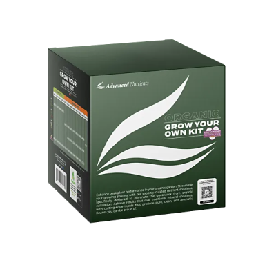 Caixa verde escura com design de folhas brancas e texto ORGANIC GROW YOUR OWN KIT