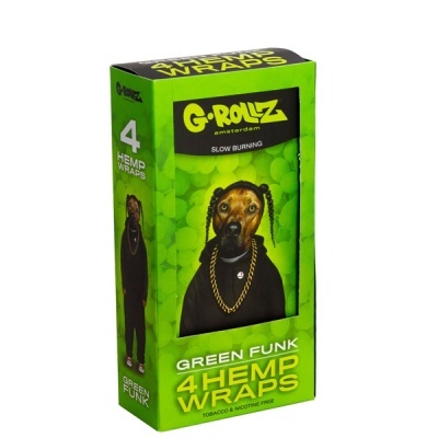Embalagem verde de wraps de cânhamo G-Rollz com imagem de cão vestido e texto promocional.