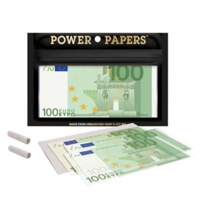 Folhas para enrolar com padrão 100 euros e embalagem preta Power Papers