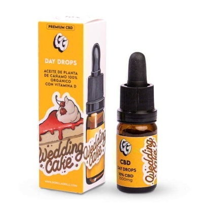 Frasco pequeno de vidro com conta-gotas e embalagem colorida amarela e branca de produto CBD