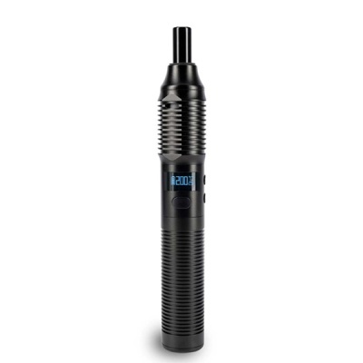 Dispositivo preto cilíndrico com ecrã digital azul que mostra 200C