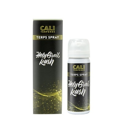 Spray TERPS CALI TERPENES Holy Grail Rush com embalagem preta e dourada e frasco branco