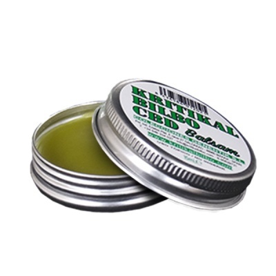 Embalagem metálica redonda com bálsamo verde e rótulo HERBAL CBD Balm