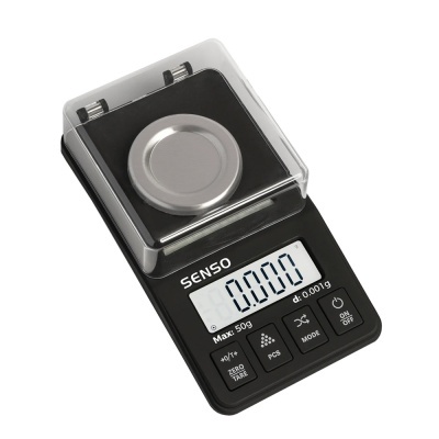 Balança digital preta com prato metálico e visor LCD