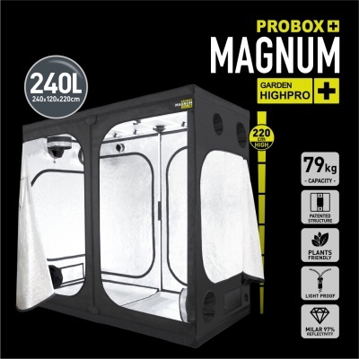 Tenda de cultivo PROBOX MAGNUM preta e branca com especificações impressas