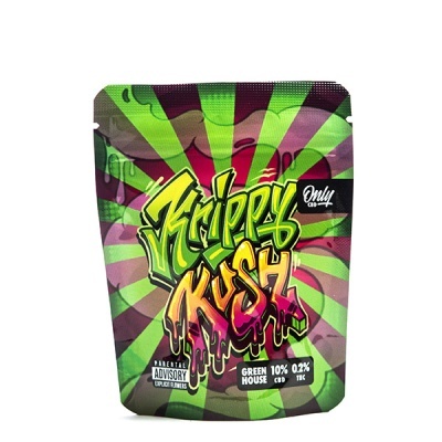 Embalagem colorida com texto Trippy Kush e informações de CBD e THC