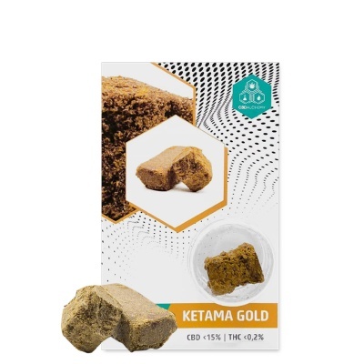 produto Ketama Gold sólido castanho com embalagem branca e texto