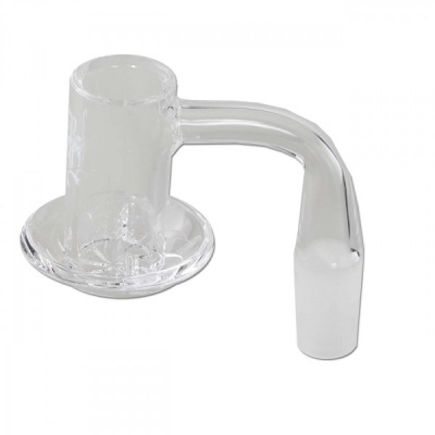 Acessório de vidro transparente para fumar com base larga e formato tubular.